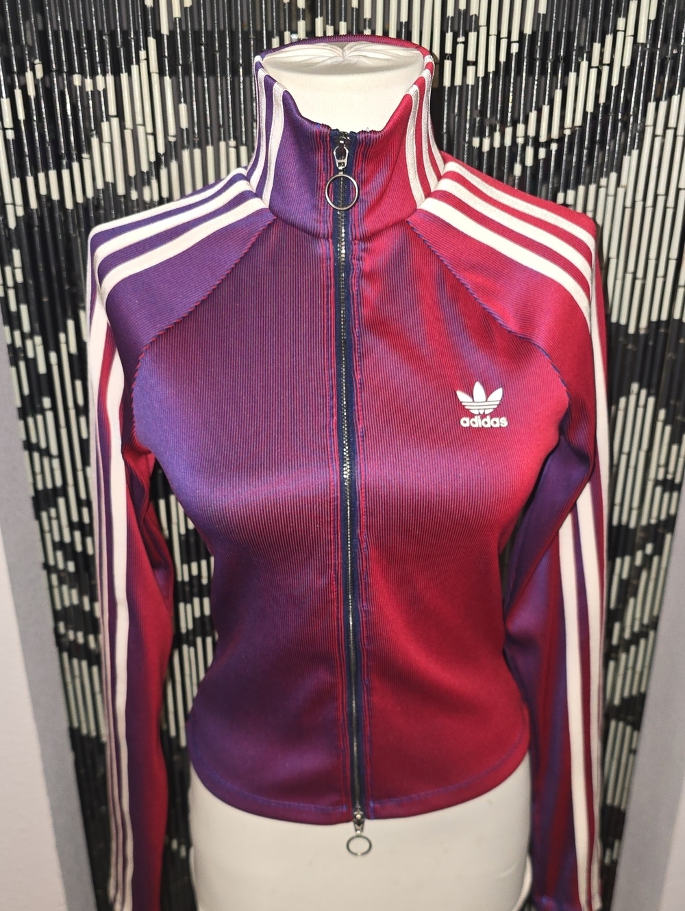 Adidas Rasant Ribbed Longsleeve Full Zip Purple Red Ombre White Stripes